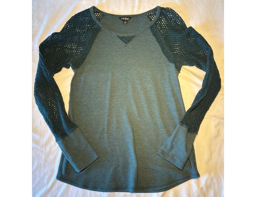 Lucky Brand Medium Teal Crochet Lace Sleeve Thermal Top Boho Long Sleeve Shirt